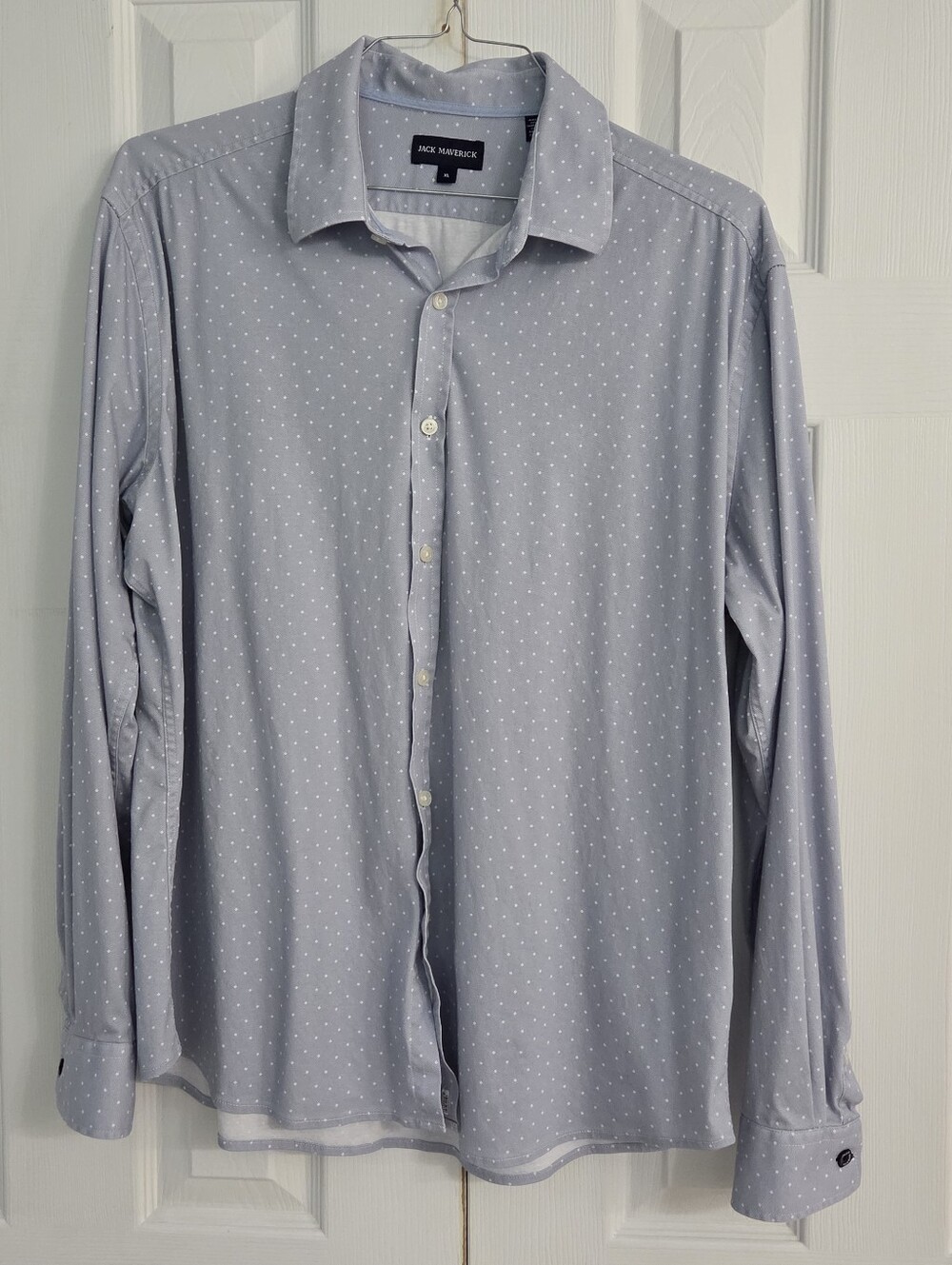 JACK MAVERICK LIGHT BLUE GRAY W/ WHITE POLKA DOTS LONG SLEEVE STRETCH SHIRT XL